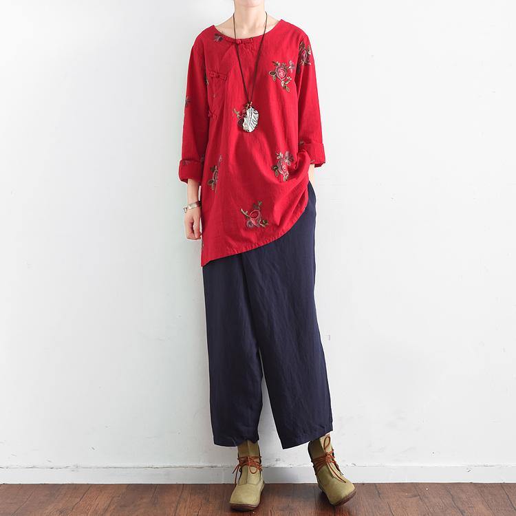 red prints casual Chinese Button tops long sleeve linen t shirt - Omychic