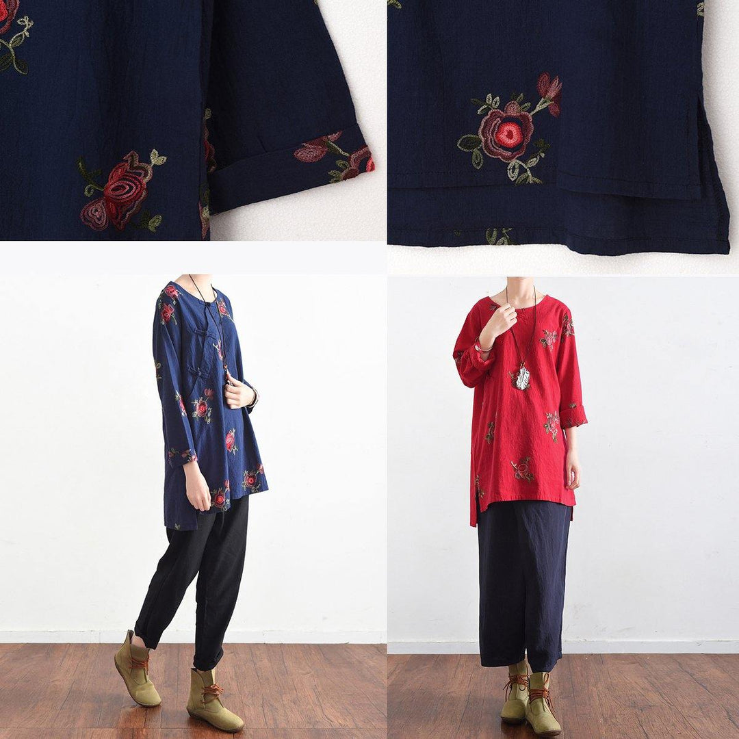 red prints casual Chinese Button tops long sleeve linen t shirt - Omychic
