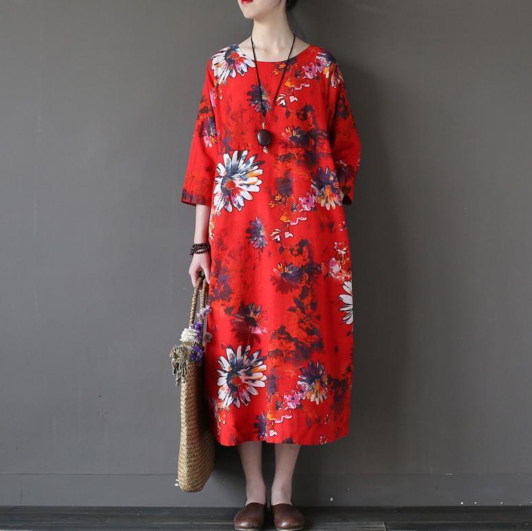 red prints casual linen caftans oversize vintage o neck maxi dress - Omychic