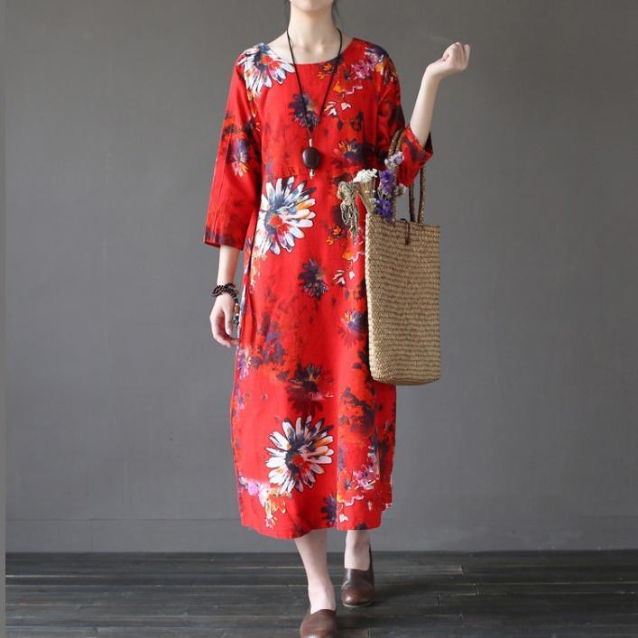 red prints casual linen caftans oversize vintage o neck maxi dress - Omychic