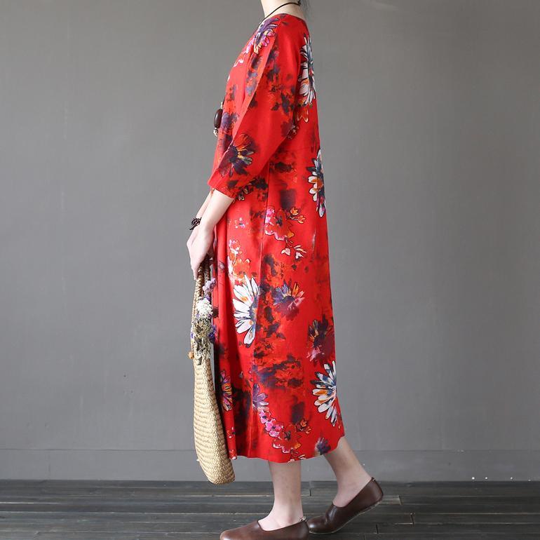 red prints casual linen caftans oversize vintage o neck maxi dress - Omychic