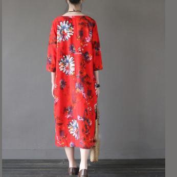 red prints casual linen caftans oversize vintage o neck maxi dress - Omychic