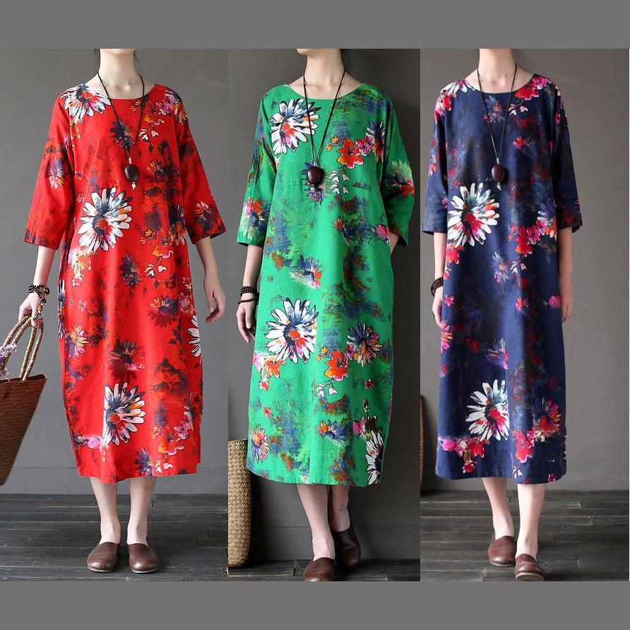 red prints casual linen caftans oversize vintage o neck maxi dress - Omychic