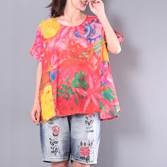 red prints casual linen tops plus size  wrinkled blouse short sleeve t shirt - Omychic