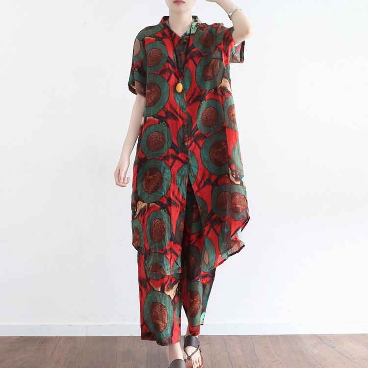 Red Prints Chiffon Casual Long Short Sleeve Tops And Women Casual Crop Pants Two Pieces - Omychic