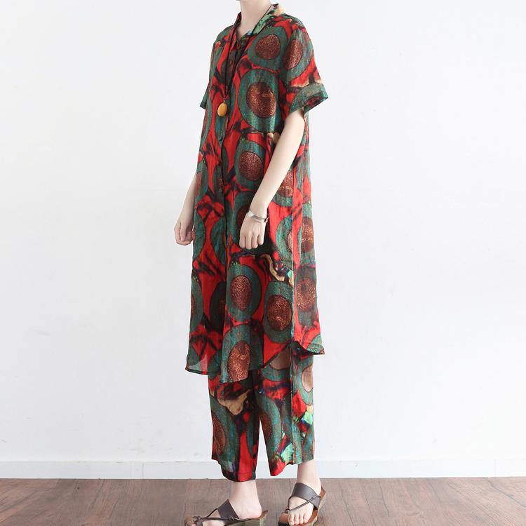 Red Prints Chiffon Casual Long Short Sleeve Tops And Women Casual Crop Pants Two Pieces - Omychic