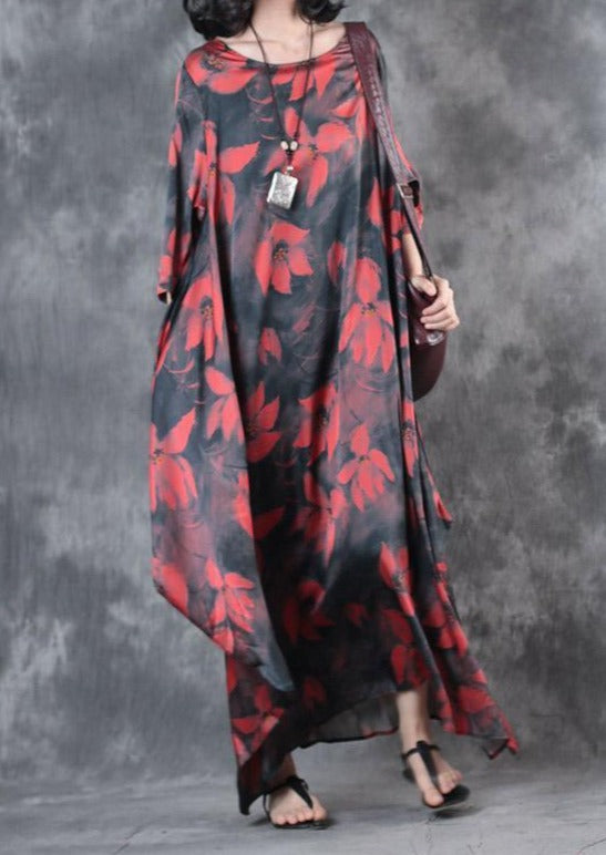 red prints summer silk sundress oversize vintage casual dresses o neck asymmetric maxi dress - Omychic