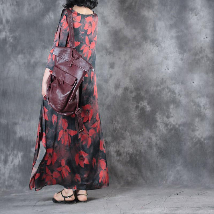 red prints summer silk sundress oversize vintage casual dresses o neck asymmetric maxi dress - Omychic