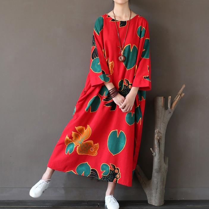 red prints vintage linen caftans plus size batwing sleeve maxi dress - Omychic