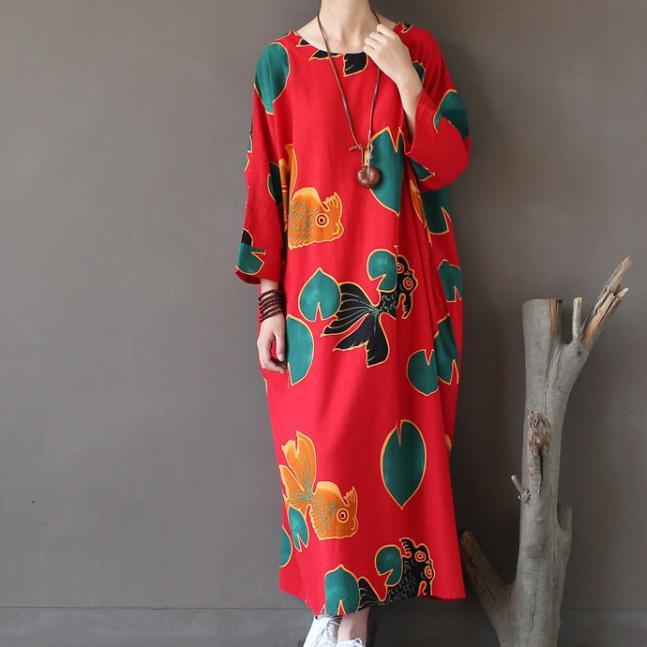 red prints vintage linen caftans plus size batwing sleeve maxi dress - Omychic