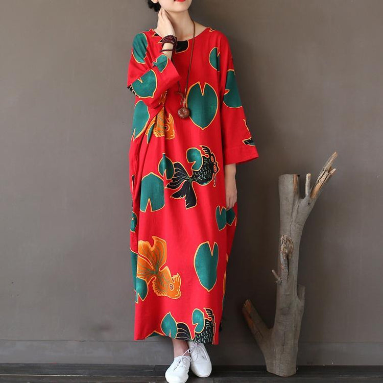 red prints vintage linen caftans plus size batwing sleeve maxi dress - Omychic