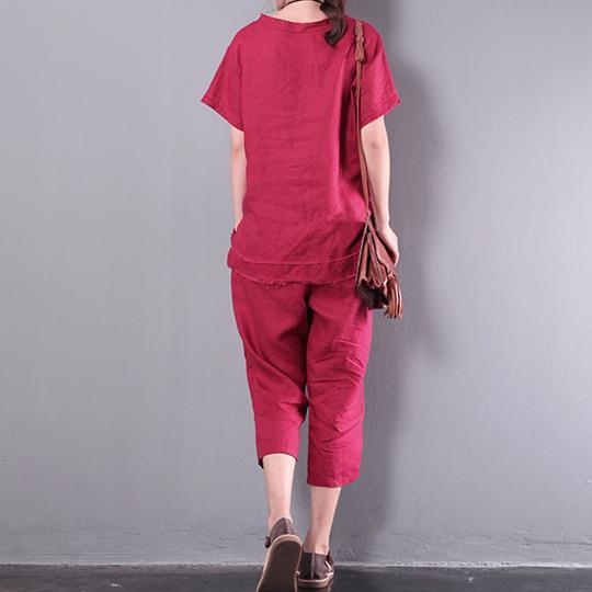 red solid casual linen blouse and loose crop pants two pieces - Omychic