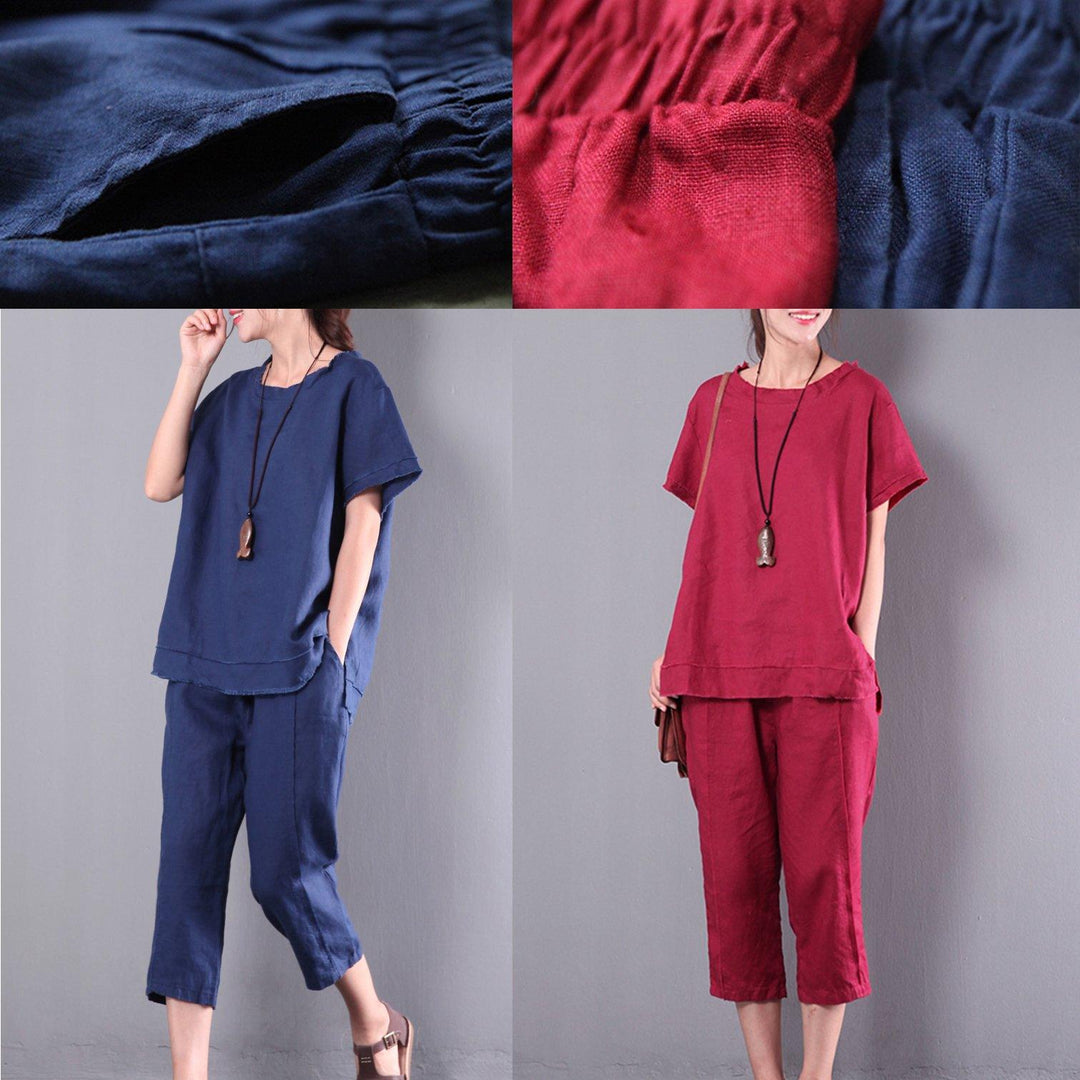 red solid casual linen blouse and loose crop pants two pieces - Omychic