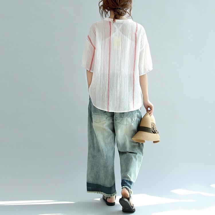red striped pockets linen blouse loose stylish tops short sleeve t shirt - Omychic