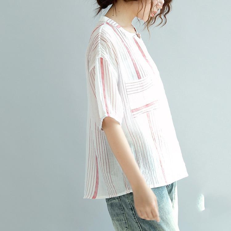 red striped pockets linen blouse loose stylish tops short sleeve t shirt - Omychic