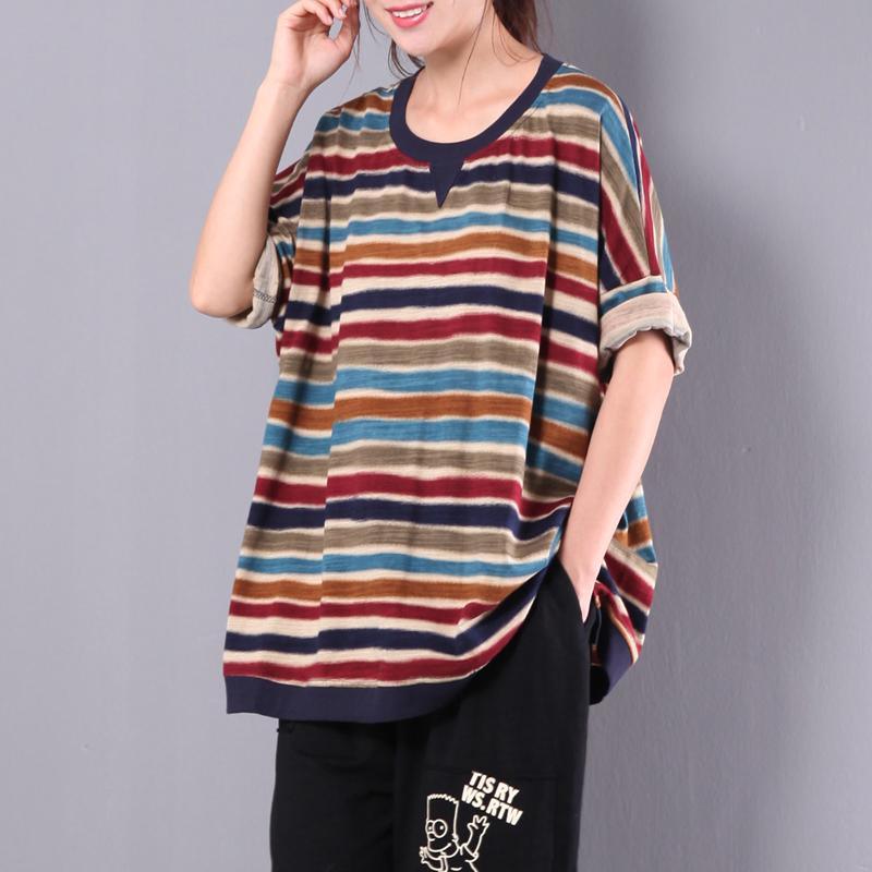 Red Striped Women Cotton Tops Oversize Casual Blouse Short Sleeve T Shirt - Omychic