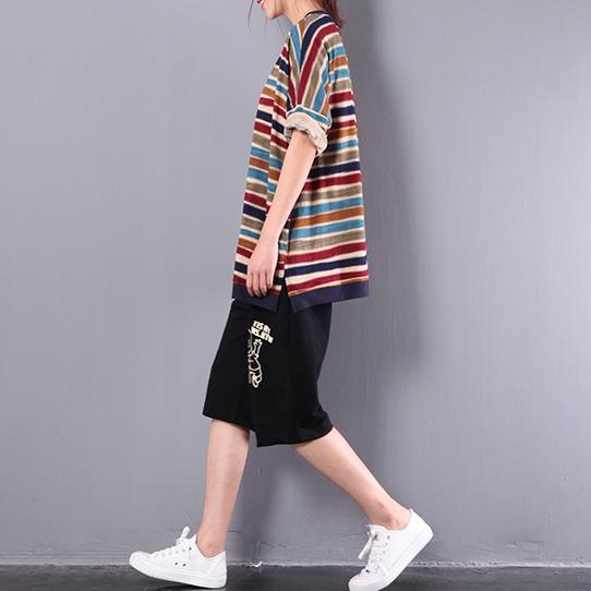 Red Striped Women Cotton Tops Oversize Casual Blouse Short Sleeve T Shirt - Omychic