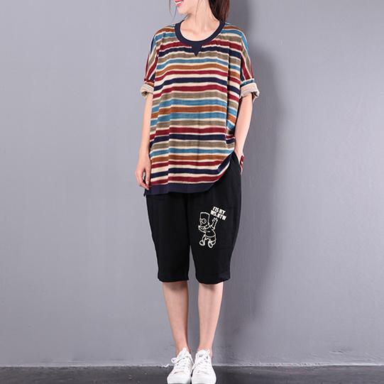Red Striped Women Cotton Tops Oversize Casual Blouse Short Sleeve T Shirt - Omychic