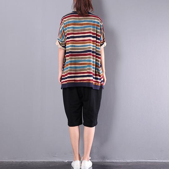 Red Striped Women Cotton Tops Oversize Casual Blouse Short Sleeve T Shirt - Omychic