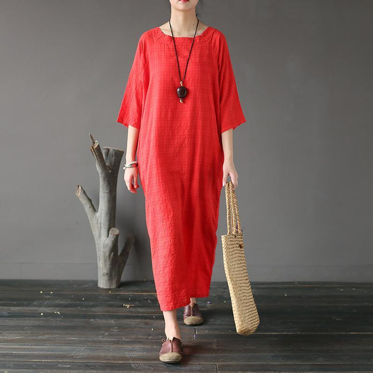 red vintage brief cotton maxi dress oversize casual caftans - Omychic
