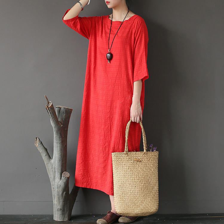 red vintage brief cotton maxi dress oversize casual caftans - Omychic