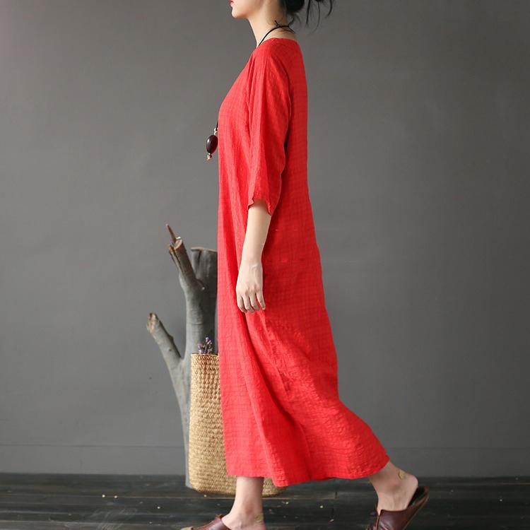 red vintage brief cotton maxi dress oversize casual caftans - Omychic