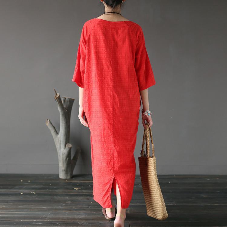 red vintage brief cotton maxi dress oversize casual caftans - Omychic