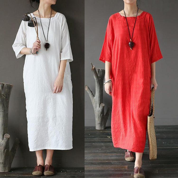 red vintage brief cotton maxi dress oversize casual caftans - Omychic