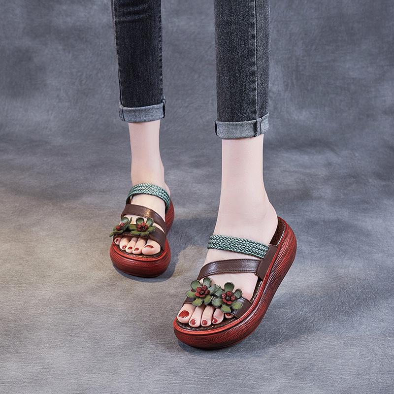 Retro Casual Handmade Leather Floral Platform Sandals