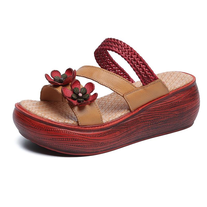 Retro Casual Handmade Leather Floral Platform Sandals