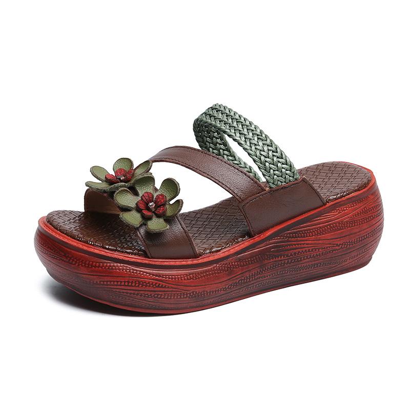 Retro Casual Handmade Leather Floral Platform Sandals