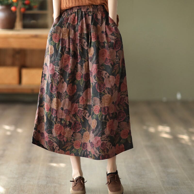Retro Floral Print Linen Casual A-Line Skirt