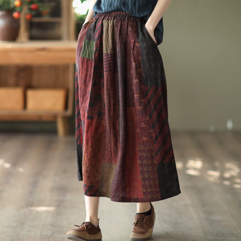 Retro Floral Print Linen Casual A-Line Skirt