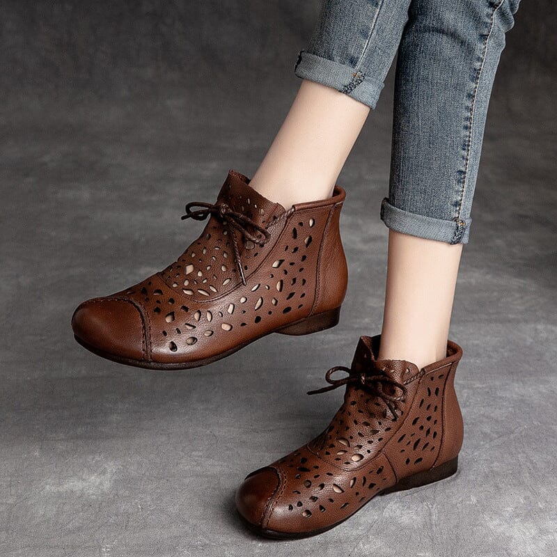 Retro Leather Hollow Flat Women Summer Ankle Boots