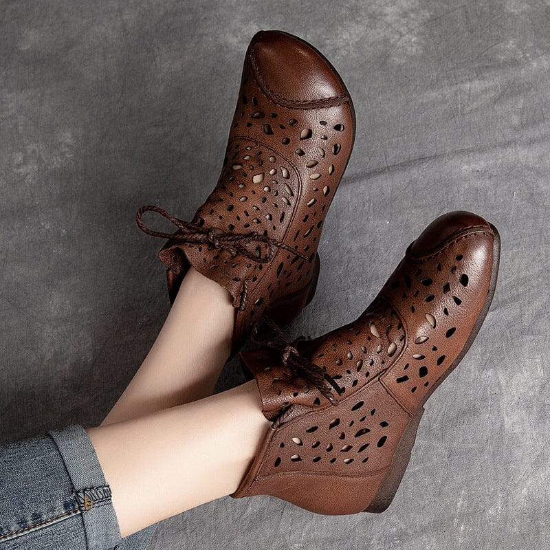 Retro Leather Hollow Flat Women Summer Ankle Boots