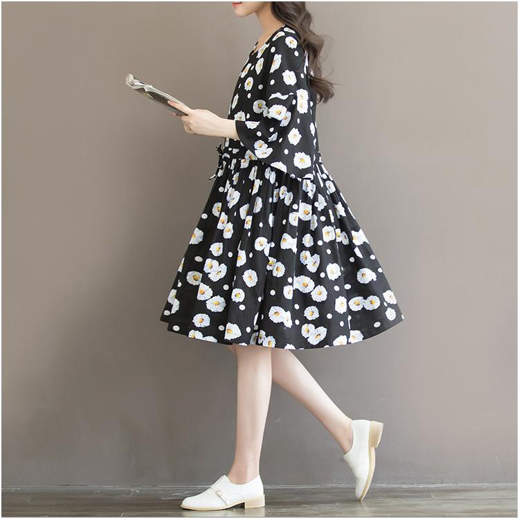 retro black daisy print plus size sundress oversize spring floral dresses Trumpet sleeves - Omychic
