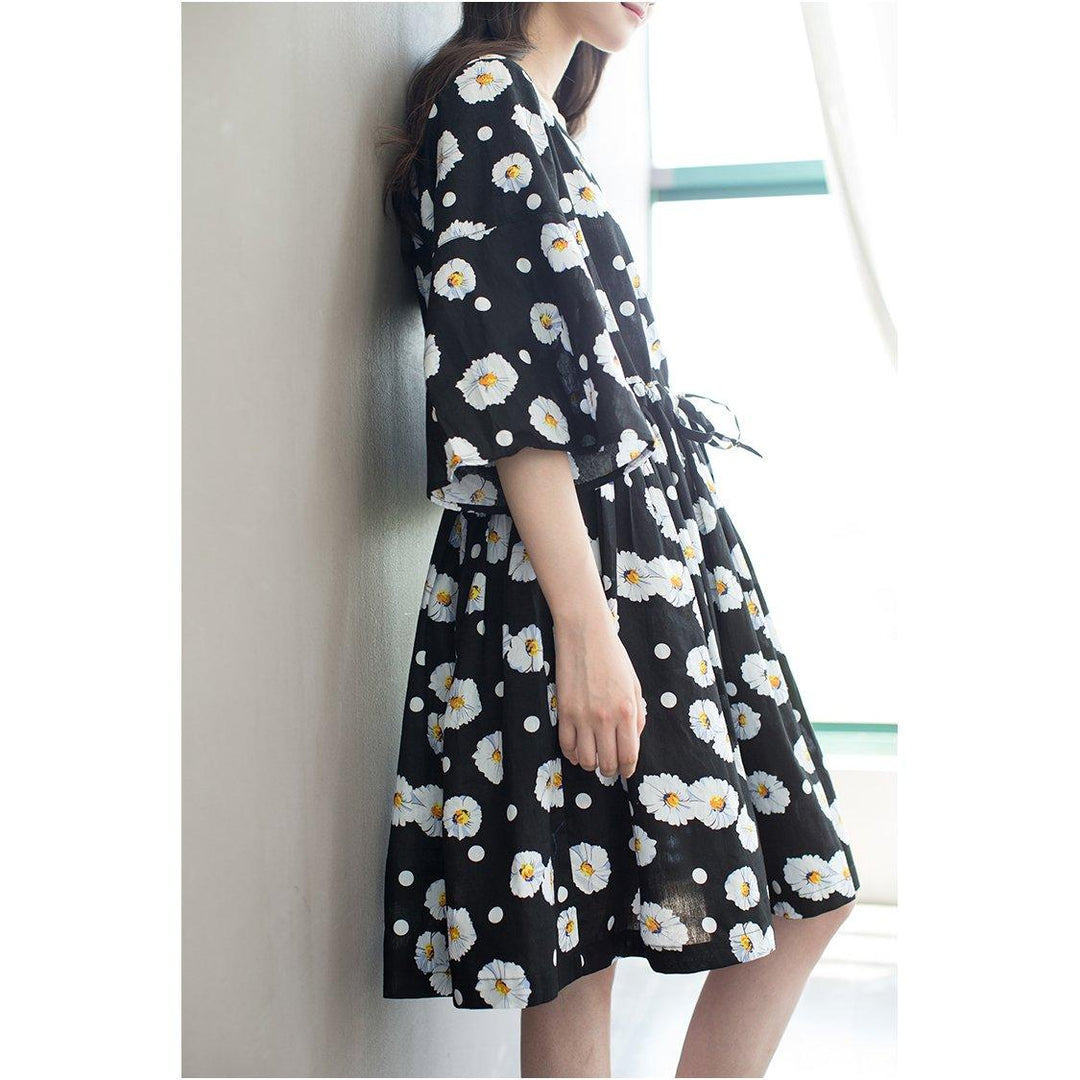 retro black daisy print plus size sundress oversize spring floral dresses Trumpet sleeves - Omychic