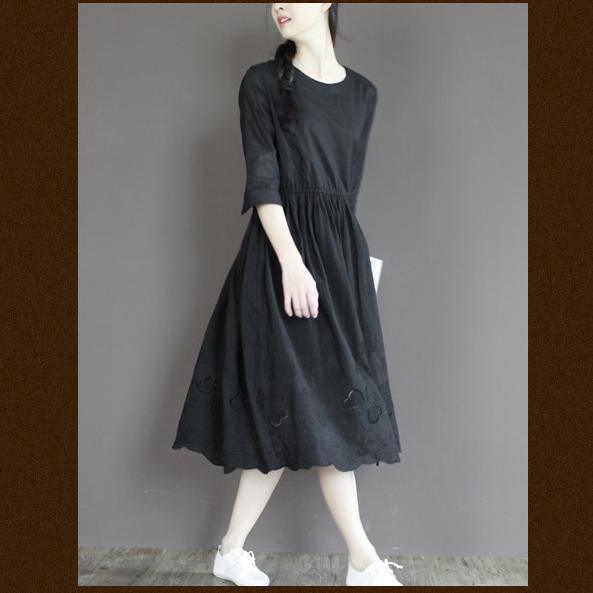 black cotton dress long maxi dresses retro half sleeve - Omychic
