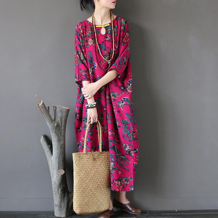 Rose Red Floral Cotton Dresses Vintage Plus Size Casual Bracelet Sleeved Maxi Dress - Omychic