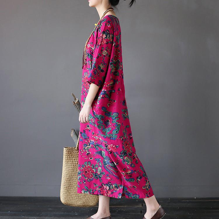 Rose Red Floral Cotton Dresses Vintage Plus Size Casual Bracelet Sleeved Maxi Dress - Omychic