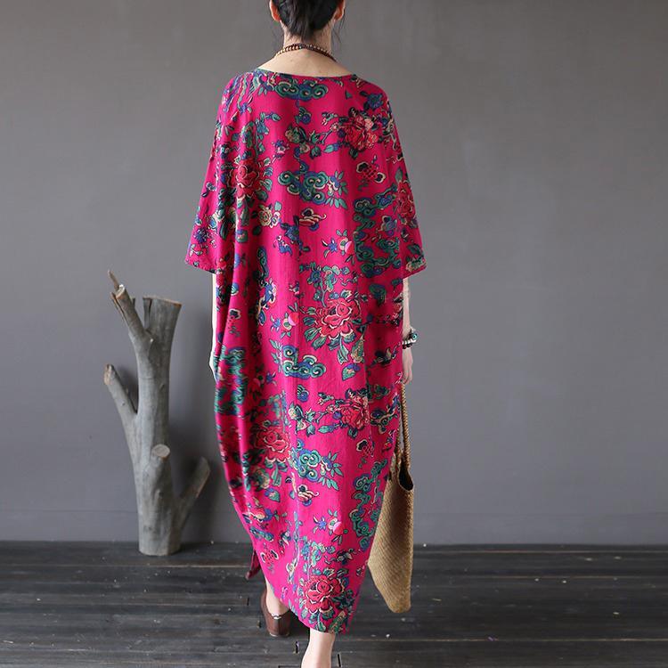 Rose Red Floral Cotton Dresses Vintage Plus Size Casual Bracelet Sleeved Maxi Dress - Omychic