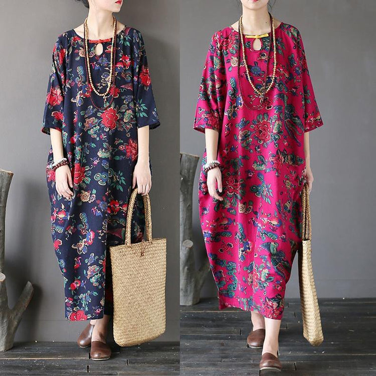 Rose Red Floral Cotton Dresses Vintage Plus Size Casual Bracelet Sleeved Maxi Dress - Omychic