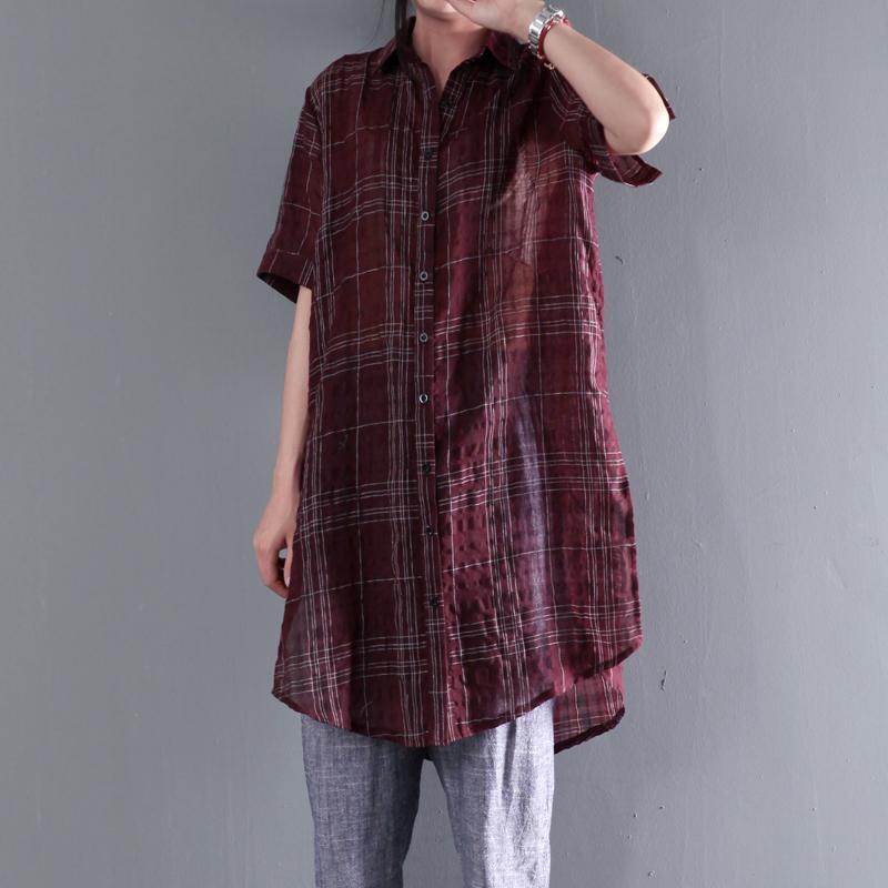 ruby red linen sundress short sleeve plaid causal summer dress shirt - Omychic