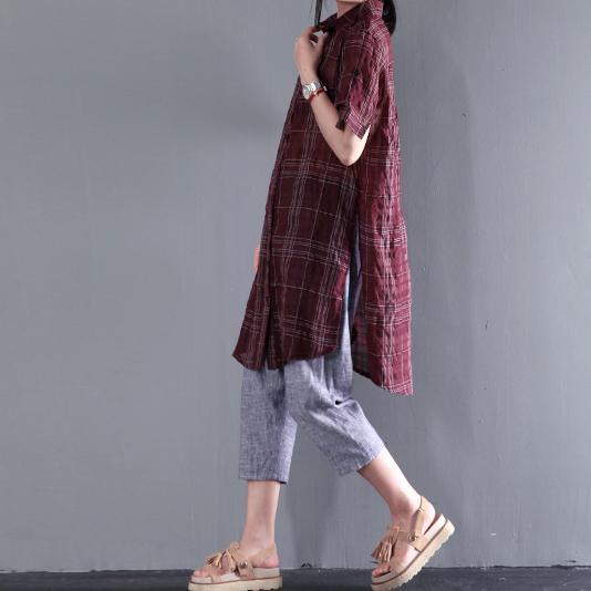 ruby red linen sundress short sleeve plaid causal summer dress shirt - Omychic
