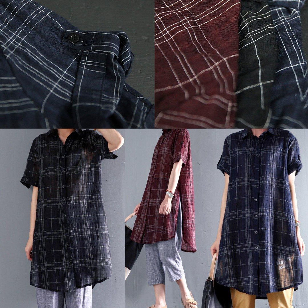 ruby red linen sundress short sleeve plaid causal summer dress shirt - Omychic
