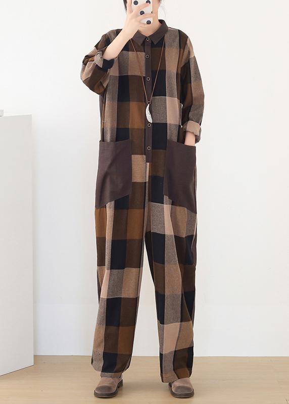 Spring Big Pockets Slimming Harem Cotton Brown Plus Szie Plaid Jumpsuit - Omychic