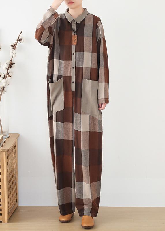 Spring Big Pockets Slimming Harem Cotton Brown Plus Szie Plaid Jumpsuit - Omychic