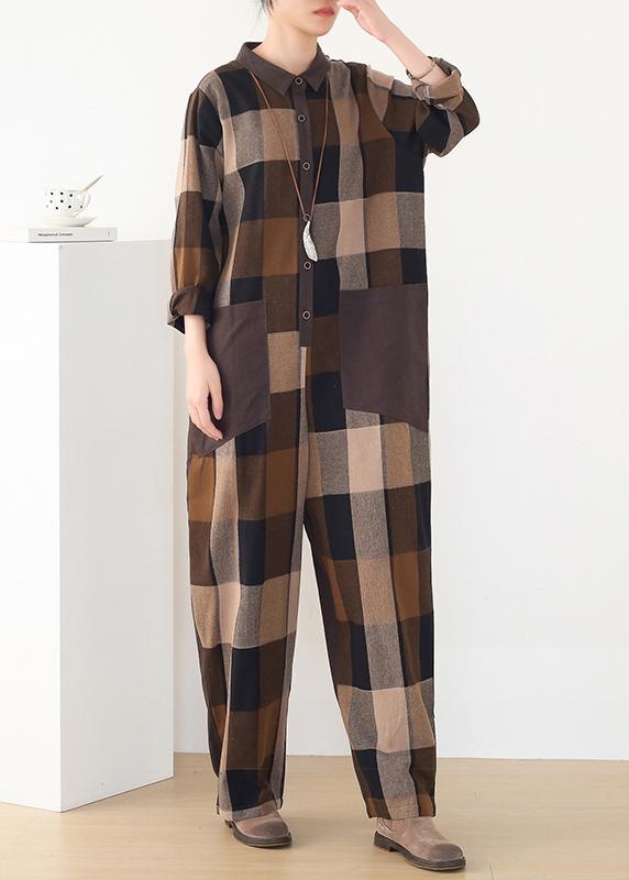 Spring Big Pockets Slimming Harem Cotton Brown Plus Szie Plaid Jumpsuit - Omychic