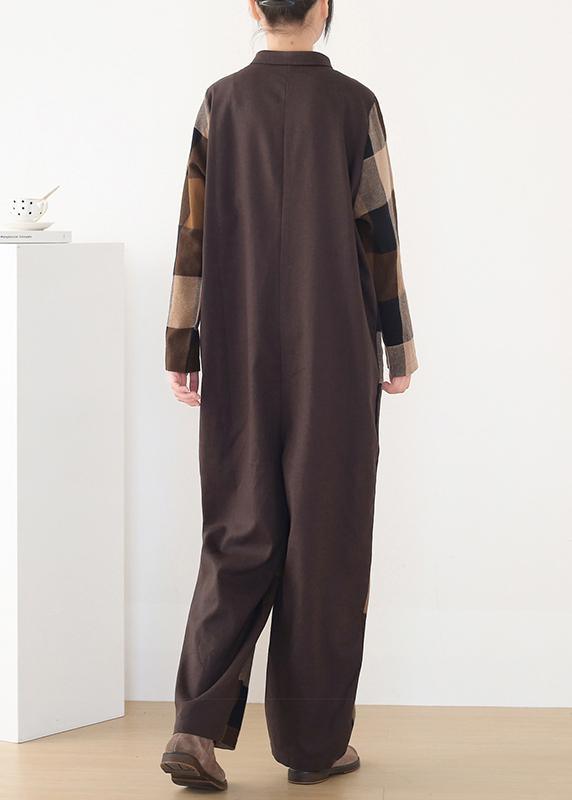 Spring Big Pockets Slimming Harem Cotton Brown Plus Szie Plaid Jumpsuit - Omychic