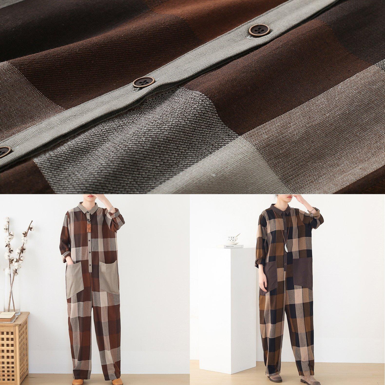 Spring Big Pockets Slimming Harem Cotton Brown Plus Szie Plaid Jumpsuit - Omychic